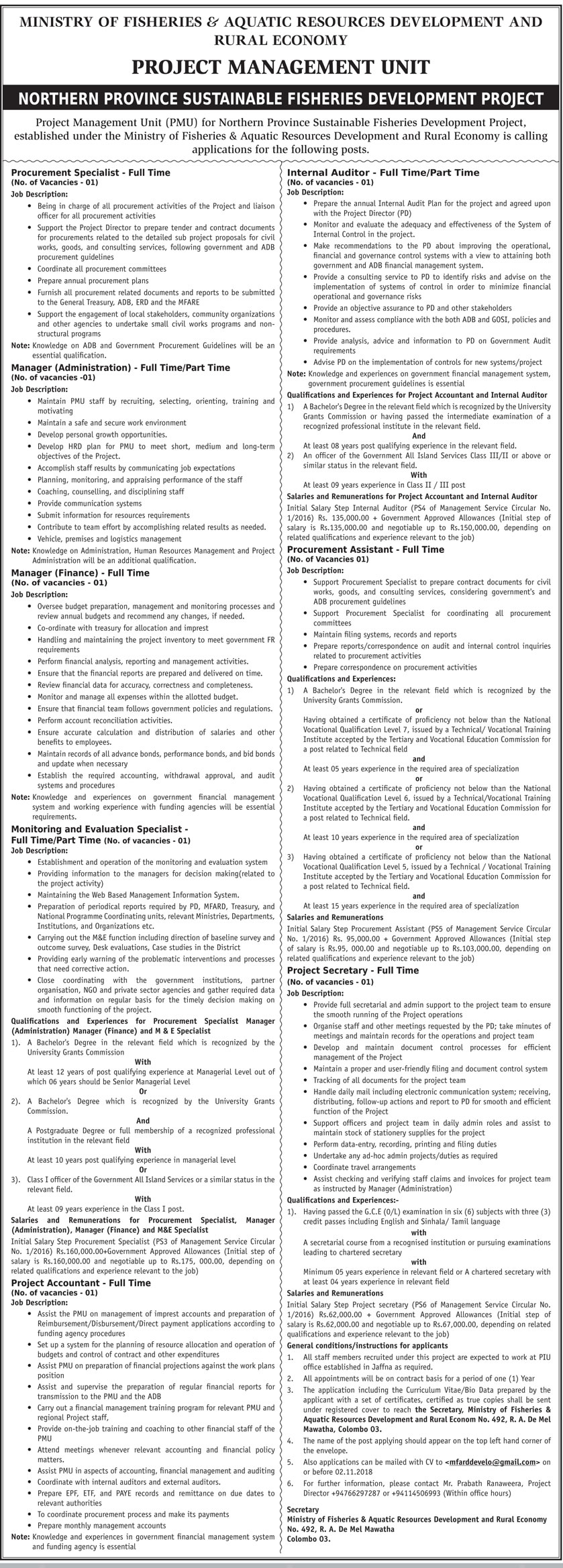 Procurement Specialist, Manager (Administration, Finance), Monitoring & Evaluation Specialist, Project Accountant, Internal Auditor, Procurement Assistant, Project Secretary - Ministry of Fisheries & Aquatic Resources Development and Rural Economy